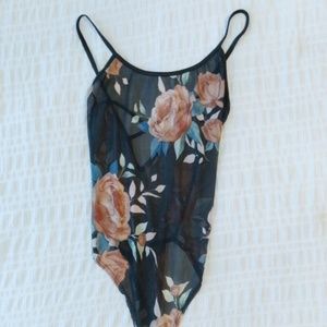 Semi-Sheer Floral Bodysuit with Criss-Cross Back